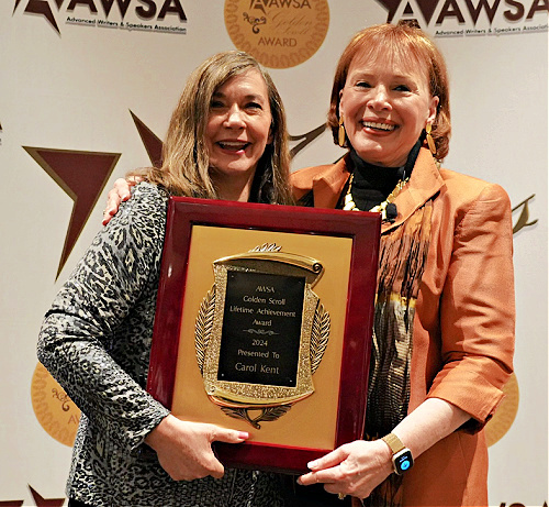 Carol Kent receiving the 2024 Lifetime Achievement Award with Linda Evans Shepherd